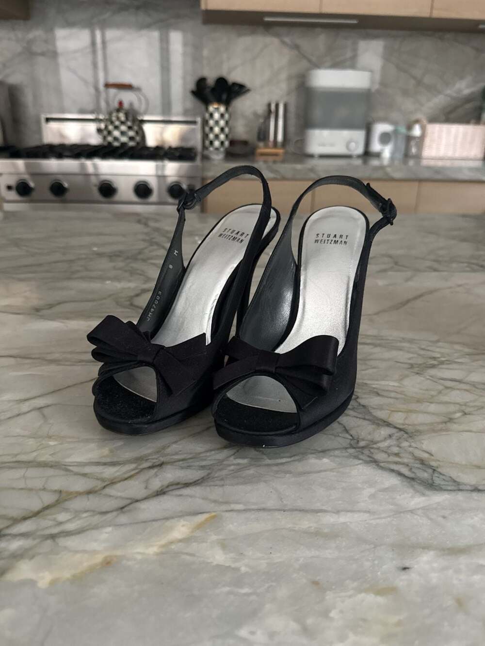 Stuart Weitzman Black Satin Peep-Toe Slingback Heels with Bow Detail